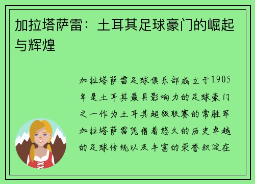 加拉塔萨雷:土耳其足球豪门的崛起与辉煌